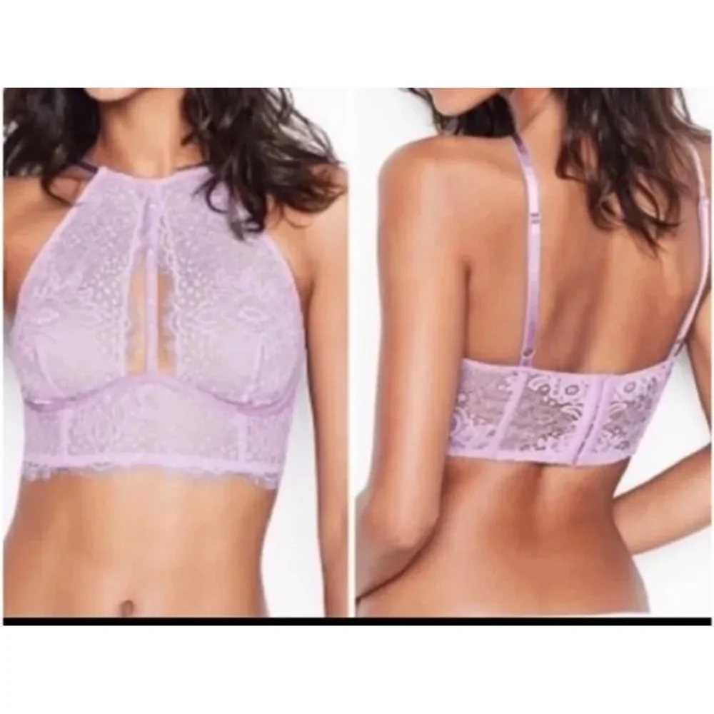 Victorias Secret Very Sexy Plunge Lace Halter High Neck Long Line Bra Lilac 32DD - Picture 3 of 9